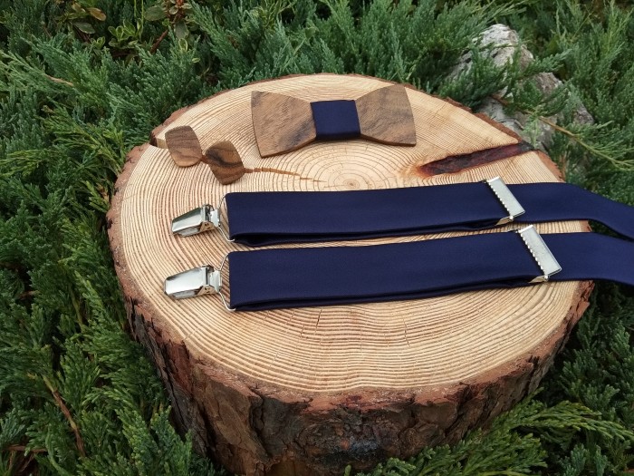  Men's set - wooden bow tie, cufflinks and braces